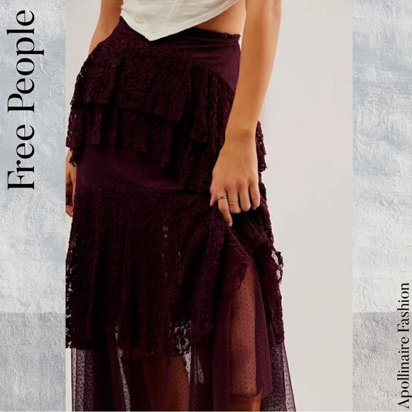 FREE PEOPLE LACE IN LOVE MAXI SKIRT IN VINTAGE WINE NWT SMALL, MEDIUM & LARGE - Picture 5 of 12